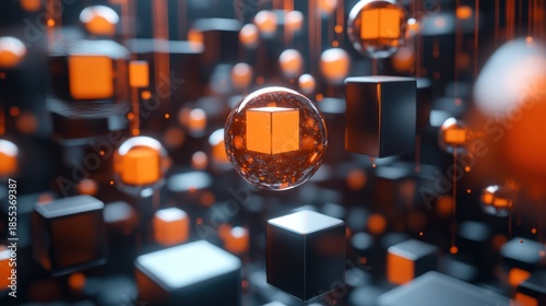 Abstract orange cubes and spheres, digital art, technology background, website banner