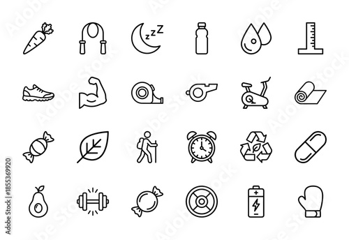 Healthy lifestyle and fitness line icon set. Vector pictograms of carrot, jump rope, sleep, dumbbell, sneakers, and sports equipment, thin outline illustration.