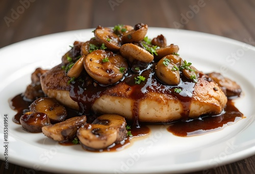 Pan-seared chicken or fish fillet elegantly topped with a rich mushroom and dark sauce, garnished with fresh parsley. balsamic chicken 