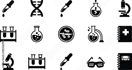 Laboratory science icons set, medical research chemistry biology equipment symbols, black white flat vector illustration collection, for education healthcare design