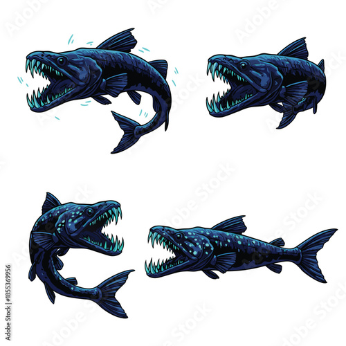 Four fearsome deep-sea anglerfish with sharp teeth and glowing lures, isolated on a white background.
