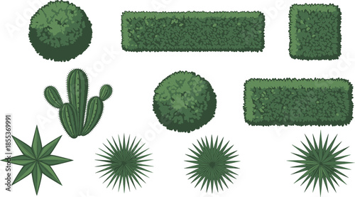 Landscape plants top view illustration set, bushes hedges cactus grass shapes, garden design elements, greenery symbols, flat vector artwork