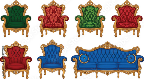 Luxury vintage armchair and sofa illustration set, ornate royal furniture design, classic baroque upholstery, elegant interior decor artwork