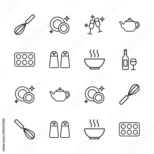 Kitchen and dining line icon set. Vector pictograms of whisk, plates, champagne glasses, teapot, muffin tin, salt shaker, hot soup bowl, and wine bottle illustration.