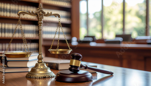 A courtroom scene with a gavel and scales of justice on a wooden table near law books and a window