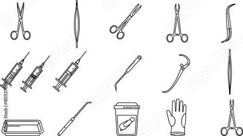 Medical instrument icon set, surgical tools, healthcare supplies, black line illustration, scissors, forceps, syringes, scalpel, gloves, tray, container
