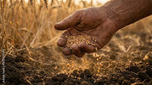 Parable of the Sower. Close-up of Jesus Christ's hand throwing wheat seeds onto the soil. Seeds frozen in mid-air, motion blur. Golden hour sunlight, warm tones, fertile earth background. 