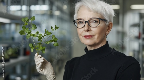 Woman in glasses holds a green plant with a gloved hand. AI.