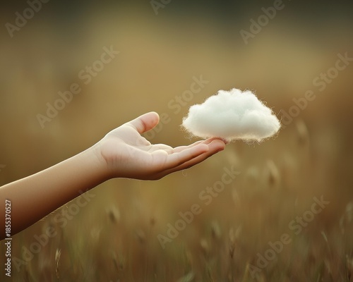 A hand holds a small, fluffy white cloud outdoors. AI.