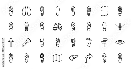 Footprint and tracking line icon set. Vector pictograms of shoe prints, bare feet, boot soles, map, binoculars, flashlight and arrows, thin outline illustration.