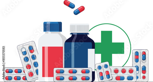 Medicine bottles and capsules illustration, pharmaceutical healthcare concept, prescription drugs packaging, pharmacy treatment supplies, medical wellness graphic
