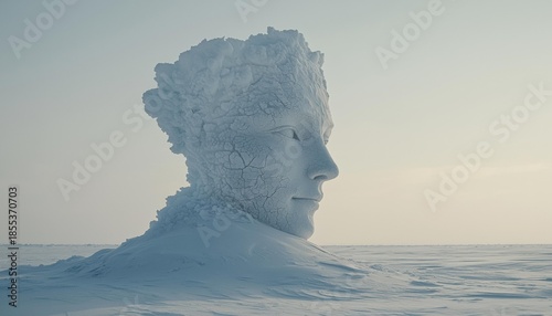 A cracked, snowy face sculpture emerges from a snow-covered field, viewed in profile against a light sky. AI.
