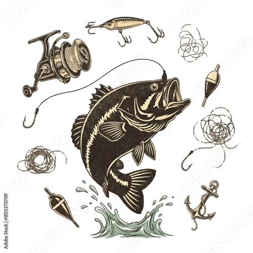 Vintage antique fishing theme rendered as a 2D flat illustration, prominently featuring a classic fish silhouette and essential angling gear isolated on a clean white background.