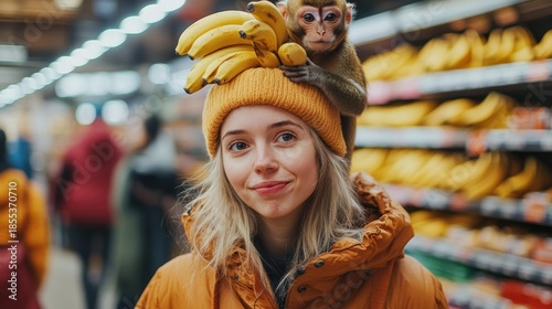 A woman in a hat of bananas has a small monkey on her head, standing in front of banana shelves. AI.