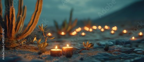 Two lit candles on sandy ground near cacti. More candles flicker in background. AI.
