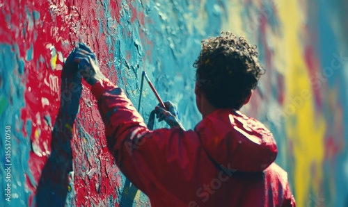 A person in a red jacket paints a colorful wall with a brush. Their hand has blue paint on it. AI.