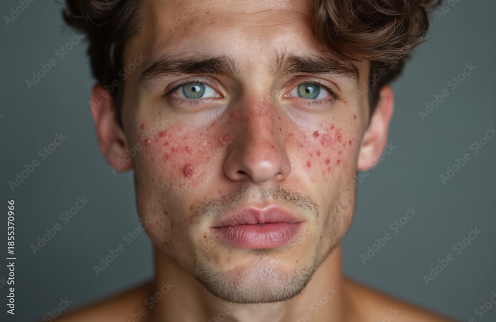 Obraz premium Young man face shows severe acne inflammation and red spots. He has blue eyes and messy brown hair. The close-up portrait highlights skin imperfections.