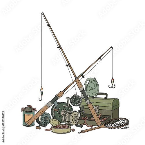 A rustic collection of old fishing rods, traditional reels, and fishing bait is depicted in a charming 2D flat vector illustration on a stark white background.