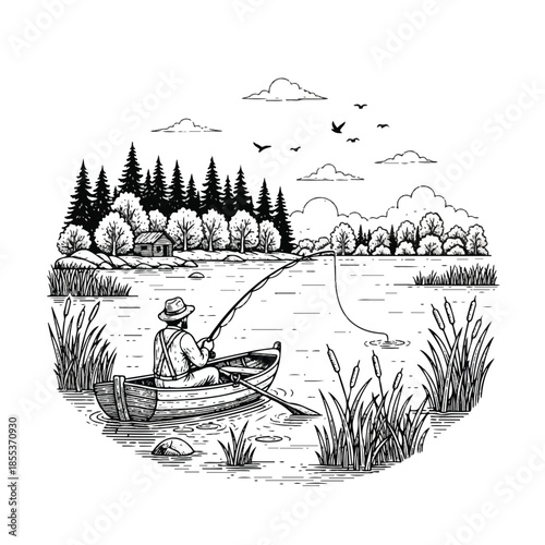 A rustic fishing illustration rendered in a flat 2D style reminiscent of classic woodcut engravings, isolated simply on a clean white background.
