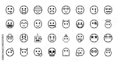 Pixel art emoji icon set. Vector pictograms of robot, skull, ghost, angel, devil, cowboy, thinking face, party hat, and zippermouth, black outline illustration.