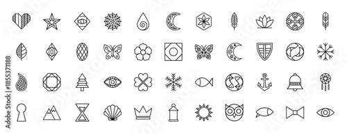 Minimalist nature and mystic line icon set. Vector pictograms of butterfly, flower, mountain, owl, sun, snowflake, moon, leaf, and shell, thin outline illustration.