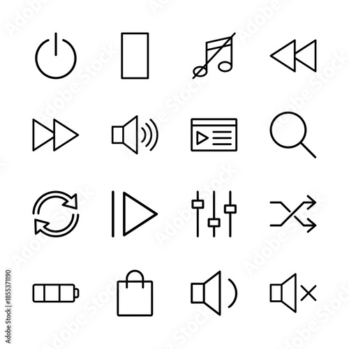 Multimedia and audio player line icon set. Vector pictograms of power, volume, fast forward, rewind, battery, search, shuffle, and repeat, thin outline illustration.