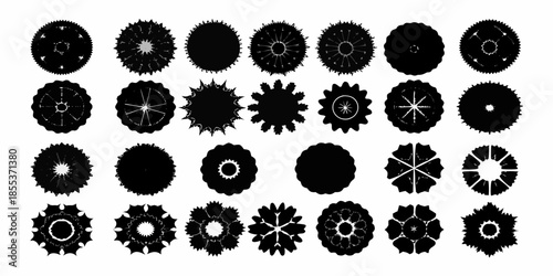 Collection of diverse circular designs and patterns in black and white