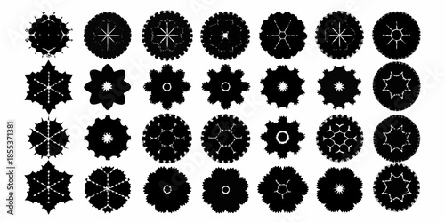 A collection of diverse black and white circular designs and patterns