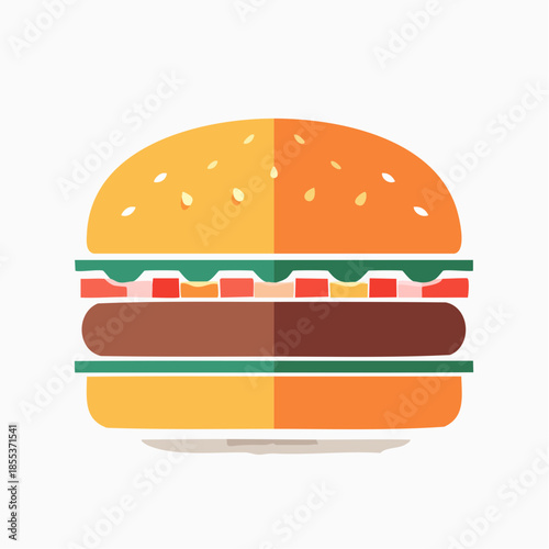 Stylized Burger Illustration with Sesame Seed Bun and Colorful Layers.
