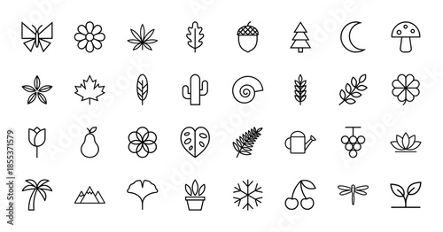 Nature and environment line icon set. Vector pictograms of butterfly, flower, leaf, acorn, tree, moon, mushroom, cactus, and mountain, thin outline illustration.