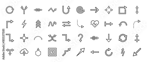 Arrows and direction line icon set. Vector pictograms of pointer, cycle, spiral, zigzag, curve, crossroads, loop, flow, and motion, thin outline illustration.