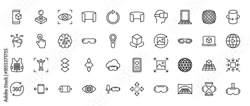 Virtual reality and augmented reality icon set. Vector pictograms of headset, controller, joystick, 360 degree view, brain, glove, and glasses, thin outline illustration.