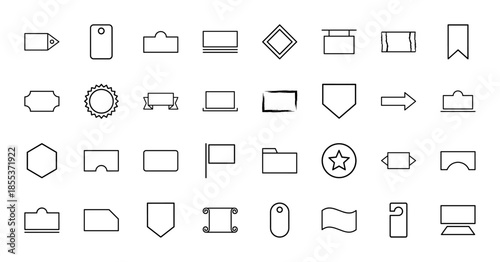 Label and tag line icon set. Vector pictograms of price tag, badge, banner, ribbon, sign, shield, folder, flag, arrow and sticker, thin outline illustration.