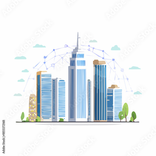 Stylized Cityscape with Modern Buildings and Network Connections.