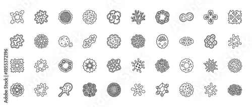 Microbiology and virus line icon set. Vector pictograms of bacteria, germs, microbes, pathogens, cells, amoebas, and protozoa, thin black outline illustration.