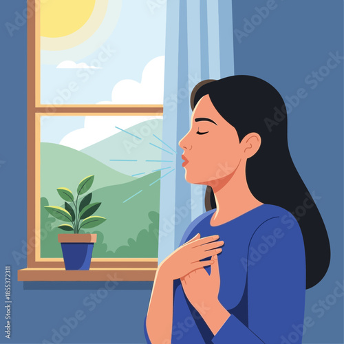 Woman breathing fresh air from window, calm, serene, healthy lifestyle, mindfulness