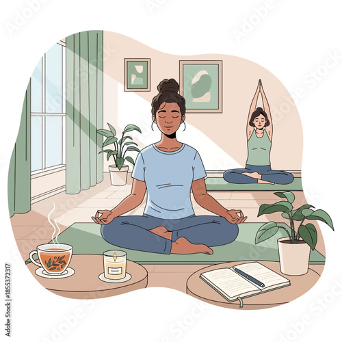 Two women meditating peacefully indoors, practicing yoga and mindfulness.