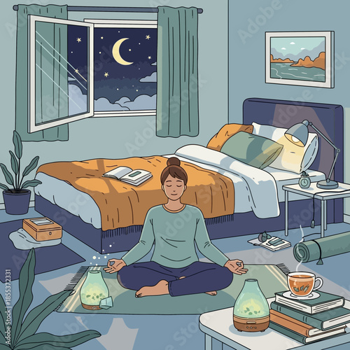 Woman meditating in bedroom at night, moonlit window, calm atmosphere, self care