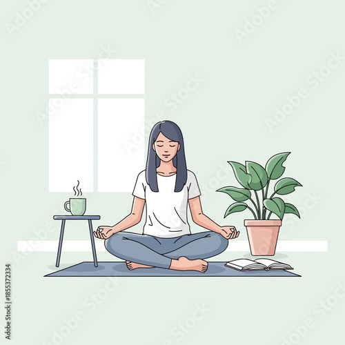 Woman Meditating in Lotus Pose at Home, Peaceful Morning Routine