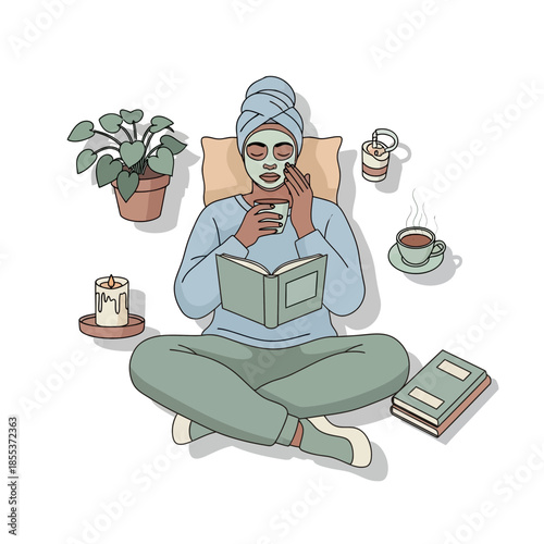 Woman relaxing with face mask, book, and tea, cozy home self-care routine illustration