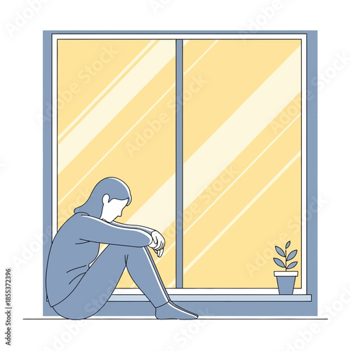 Woman Sitting By Window, Lost In Thought, Minimalist Illustration