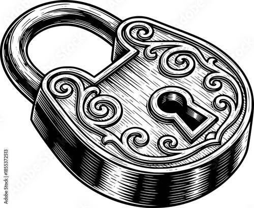 Detailed woodcut illustration of a vintage padlock with intricat
