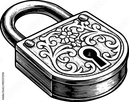 Detailed woodcut illustration of a vintage padlock with intricat

