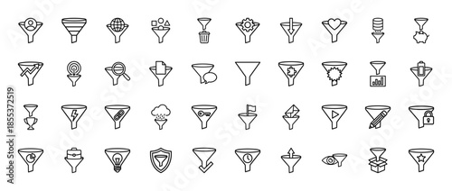 Business and data funnel line icon set. Vector pictograms of analysis, marketing, search, email, lock, lightbulb, and growth charts, thin black outline illustration.