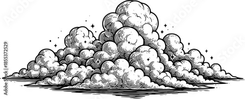 Detailed Woodcut Illustration of Fluffy Cloudscape with Twinklin
