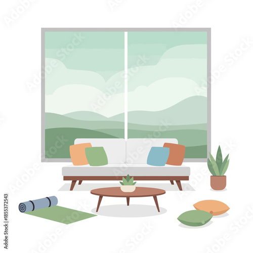 Cozy living room with sofa, yoga mat, plants, and scenic mountain view
