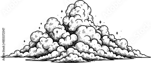 Detailed Woodcut Illustration of Fluffy Cloudscape with Twinklin
