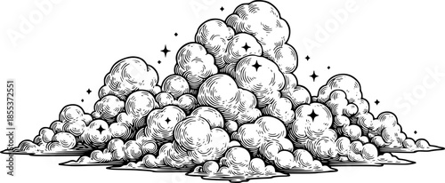 Detailed Woodcut Illustration of Fluffy Cloudscape with Twinklin
