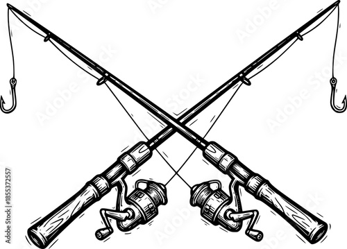 Detailed woodcut illustration of crossed fishing rods on a white
