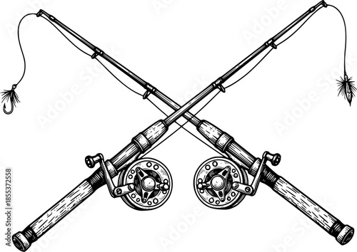 Detailed woodcut illustration of crossed fishing rods on a white
